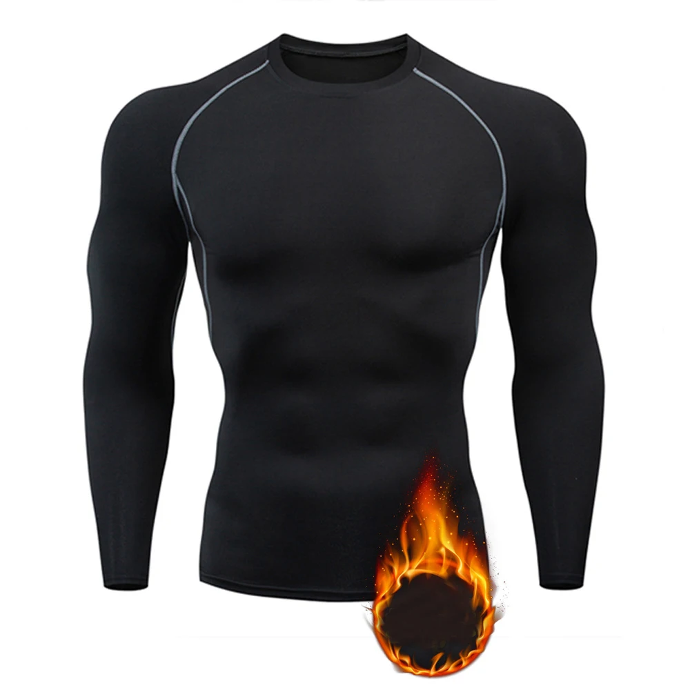 Men Sports Compression Thermal Underwear Tops Fleece Thickened T-Shirt Slim Warm Clothes Winter Thermo Long Sleeve Base Tee