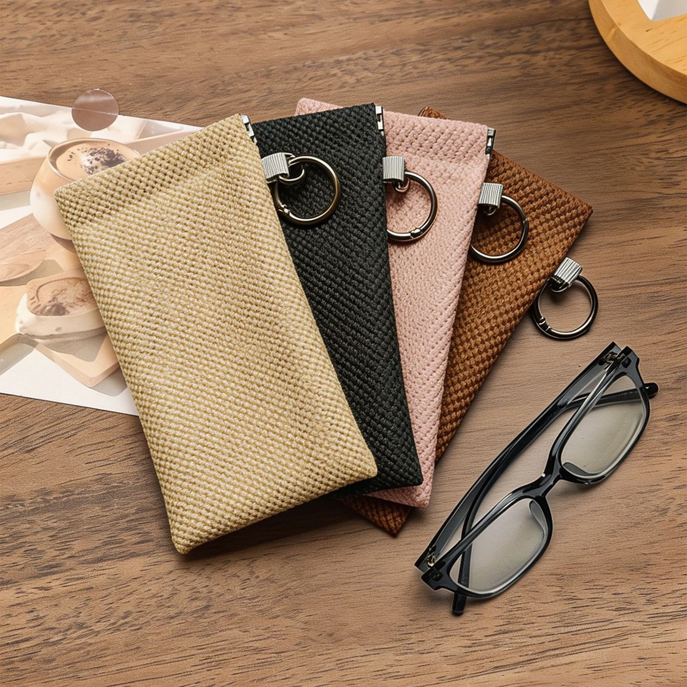 1pc Textured Fabric Sunglasses Pouch with Keyring Soft Eyeglass Case Portable Storage Bag for Women Daily Travel & Organization
