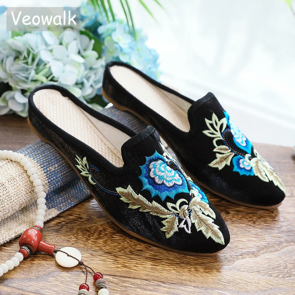 Veowalk Floral Embroidered Women\'s Pointed Toe Flannel Cotton Mules Shoes Summer Fashion Ladies Casual Comfort Slip-on Flats