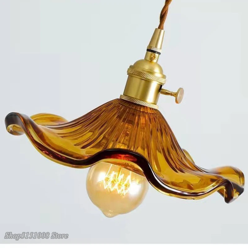 المنزل بسيط قلادة LED تركيبات إضاءة غرفة نوم غرفة المعيشة بار الزجاج الملون النحاس مصباح معلق اديسون مُثبتة في السقف مصباح #6
