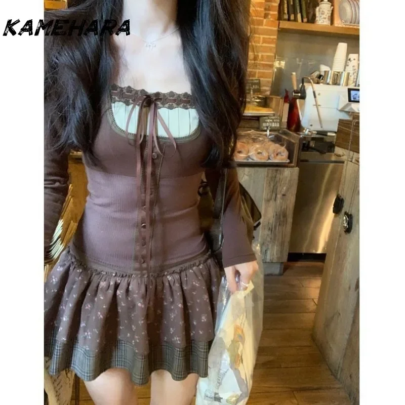 KAMEHARA Sexy Retro College Style Waist Slimming Short Top Cute Half Skirt Spicy Girl JK Uniform Set Subculture Y2k Sets Платье