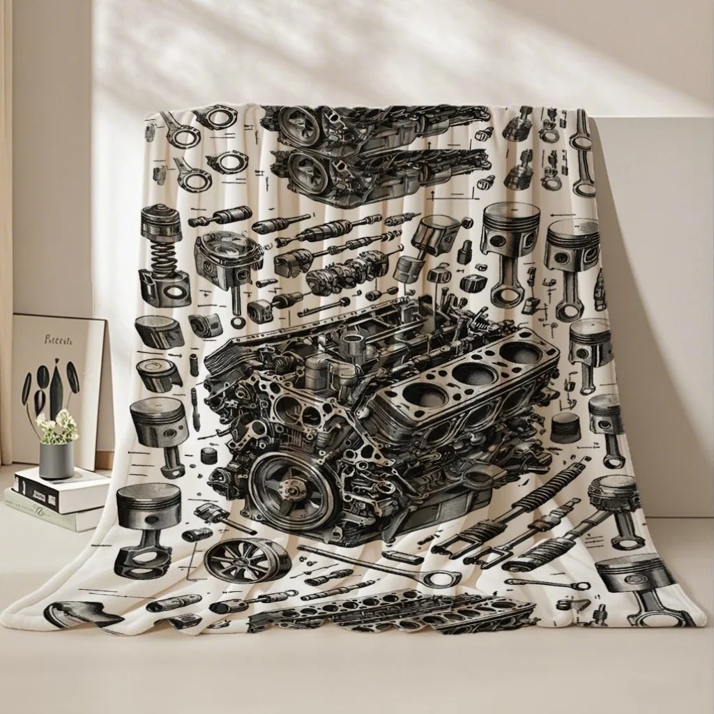 A Vintage Engine Parts Printed Flannel Blanket in a Modern Style, Suitable for Beds And Sofas, Usable in All Seasons, Ultra-Soft