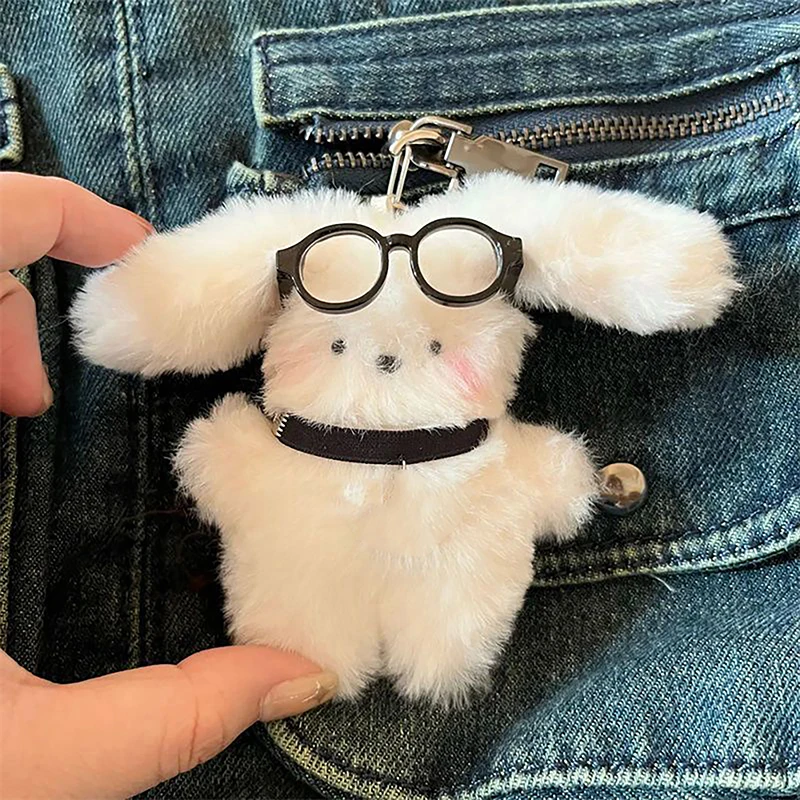 Soft Lovely White Bunny Glasses Ornament Keychain Car Backpack Decor Stuffed Dog Doll Toy Gift Plush Rabbit Pendant Bag Charms