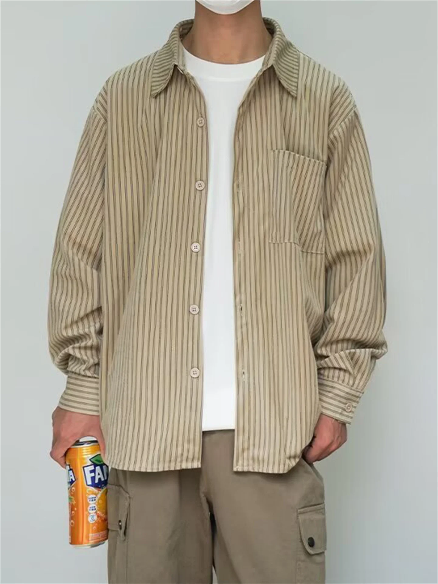 

Retro Japanese Style Men's Long Sleeve Striped Shirt Casual Corduroy Jacket American College Style Couple's Shirt