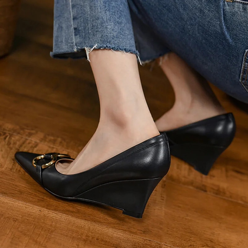 ANNYMOLI Women Gneuine Leather Pumps Fashion Wedge High Heels Pointed Toe Metal Decoration Spring Autumn Shoes Apricot 33-40