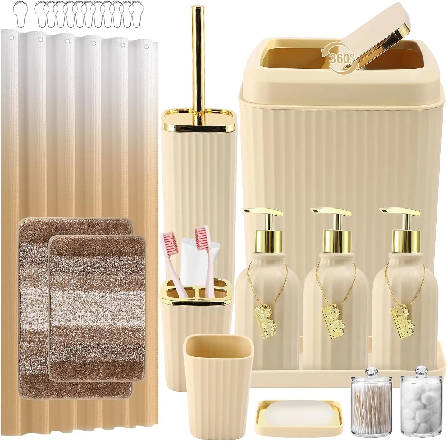 

32PCS Beige Bathroom Set with Shower Curtain, Rugs, and Trash Can for Spa-Like Decor