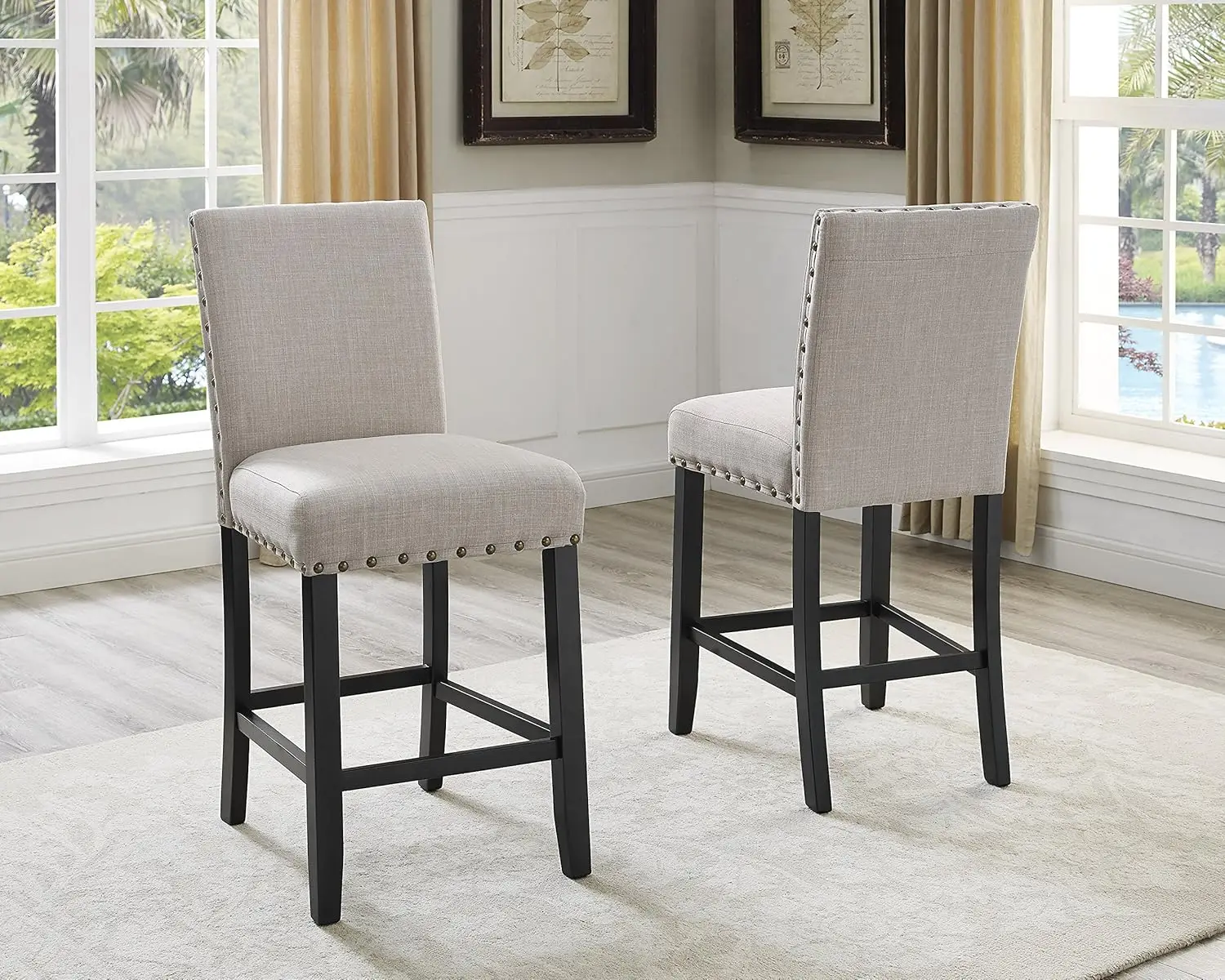 Tan Fabric Counter Height Stools with Nailhead Trim, Set of 2