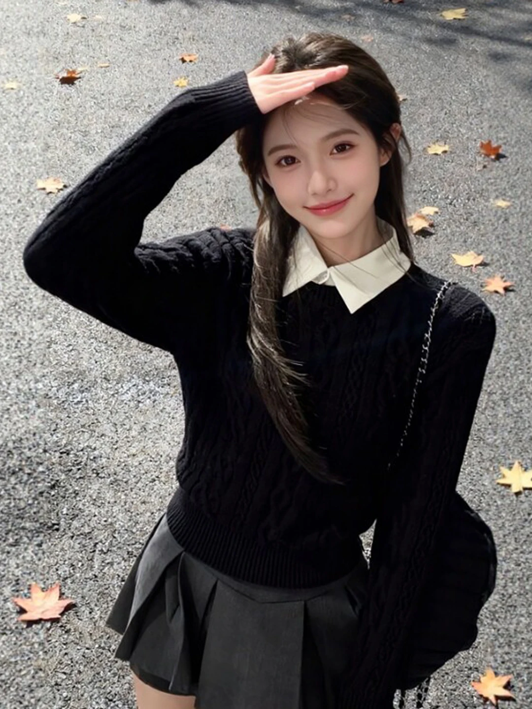 

Черный свитер с воротником, уникальный дизайн, корейская мода, женский приталенный топ с длинными рукавами для зимы и весны