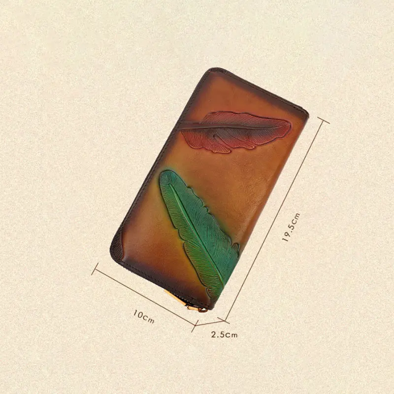 Bloem en plant reliëf lange lederen portemonnee creditcard slotzipper tas draagbare tas vintage dames toplaag koeienhuid portemonnee