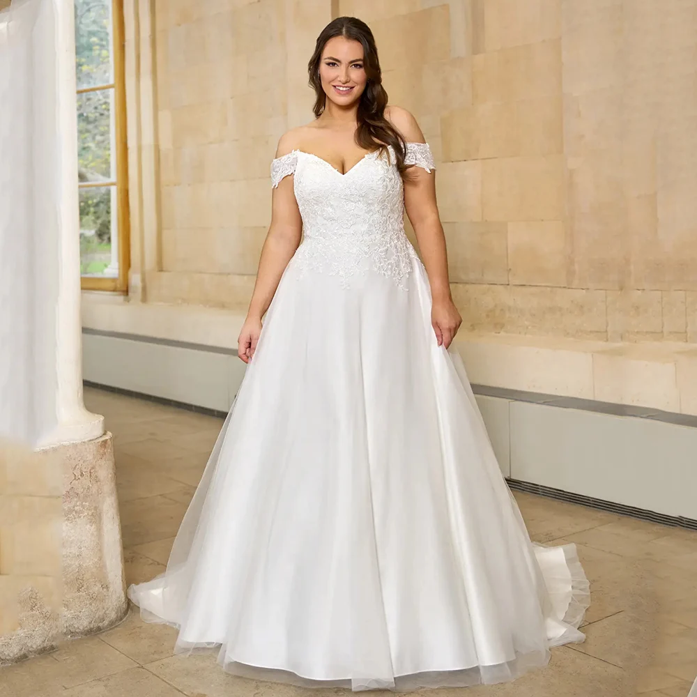 فستان زفاف رائع مخصص مقاس كبير فساتين العروس مزين بالدانتيل على شكل حرف a سويب تراين فساتين مناسبة مخصصة