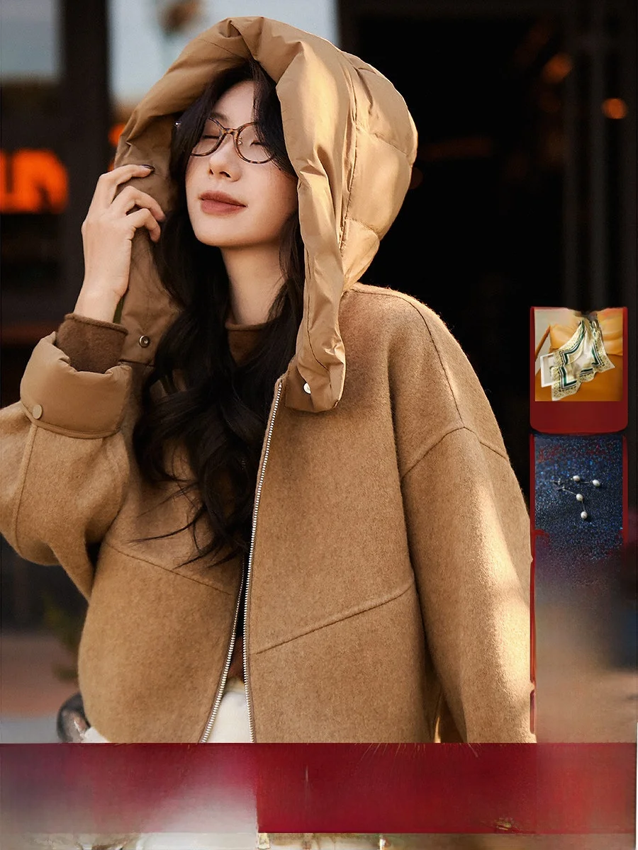 

XiaoHanGe Faionable Detachable Goose down Hat Wool Camel down on Splicing Woolen Coat OL Sle Loose Fit Long Sve Zi...