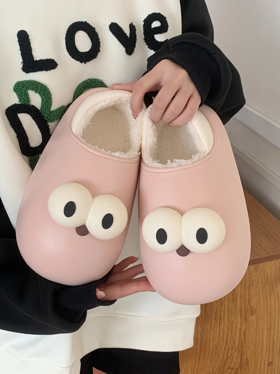 

Warm Cotton Slippers with High Heel for Couples Home Wear Waterproof Winter Boots Fun Big Eyes Thin Strips ex Home oes