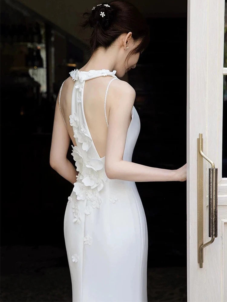 

Ele Satin Light Wedding Dr Hanging Ne Fi Tail Bridal Gown out Door White Fairy T Dr for Young Women