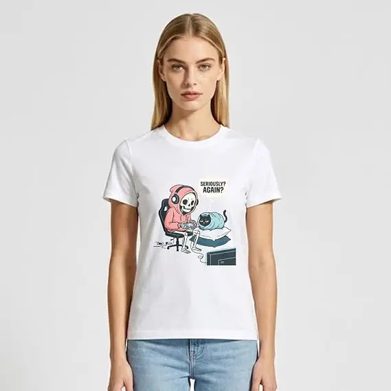 Skeleton Gaming T-Shirt mit Katzengrafik – Lustiges Gamer- & Tierliebhaber-Design, lässiges, weiches Baumwoll-Crewneck-Top für Männer und Frauen, Halloween-Kostüm – Detail 7