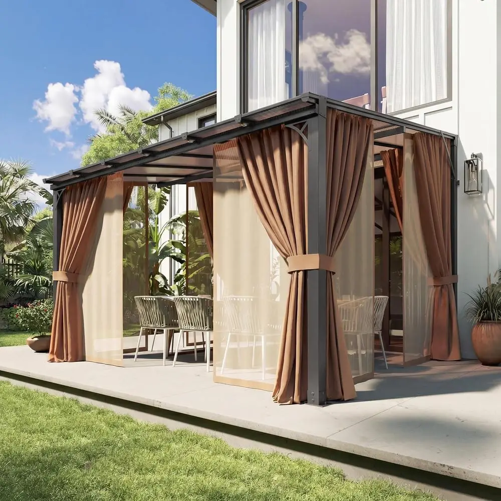 

10'x12' Lean to Gazebo with Mosquito Net and Curtains, e, Polyte Panel, Wall Mounted Pergola with Sloped Roo or Backyard, Porch,