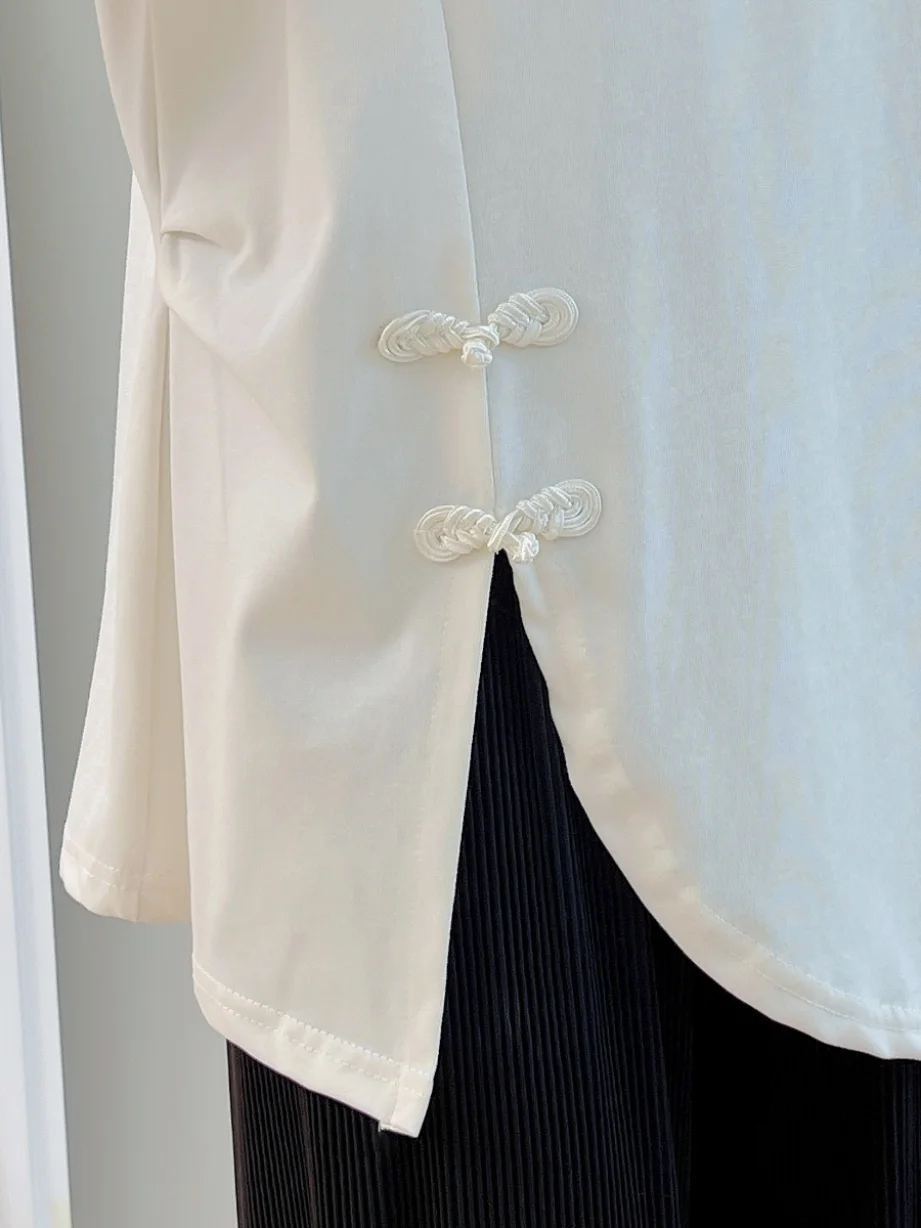 plus Size Short Sleeve T-Shirt Women's New Chinese Style National Trend Button Design Small Audience Split Irregular Top