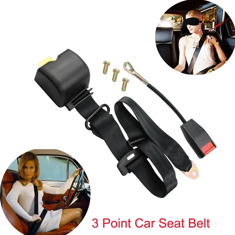 Universal Adjustable 3 Point Retractable Auto Car Seat Lap Belt Kit Black  Car Automatically Locking Seat Safety Belt