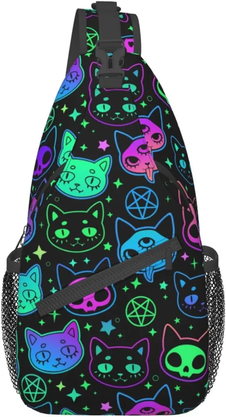 Cartoon Witchcraft Cat Skull Neon Colorful Sling Backpack Crossbody Sling Bag Travel Chest Daypack Hiking Shoulder Bag for Adult