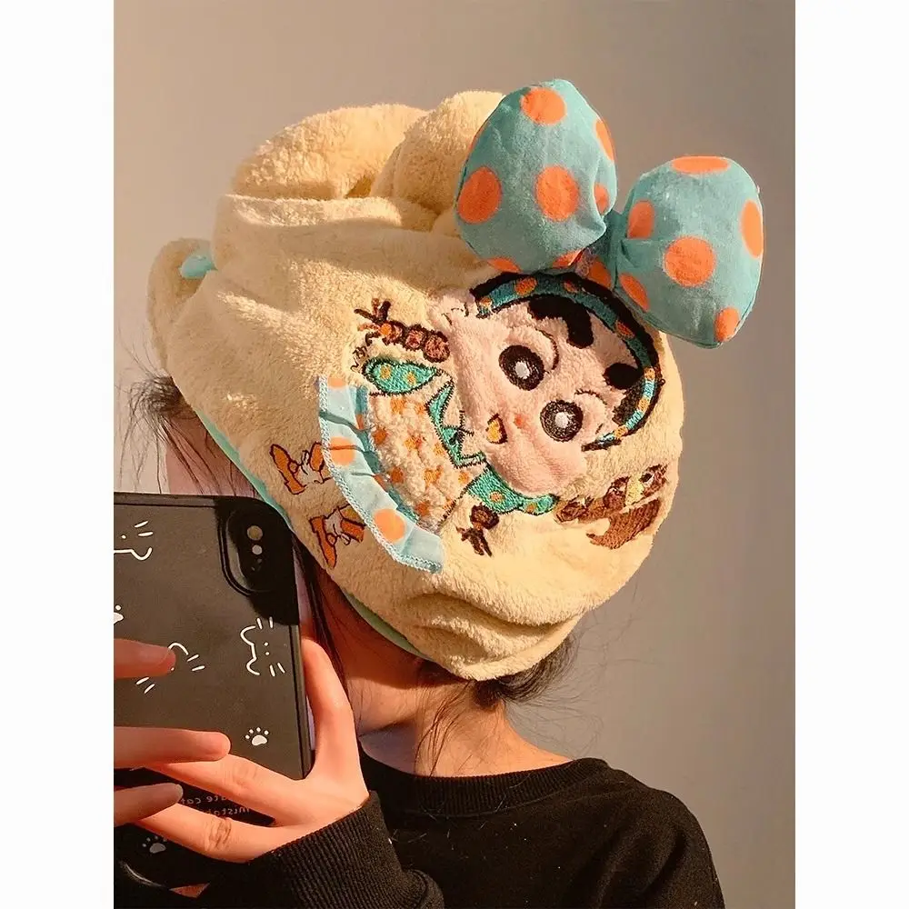 

Cute Embroidered Crayon Shin chan Dry Hair Cap Thickened Water Absorbent Quick Drying Bow Three Dimensional Head Cover Headcloth