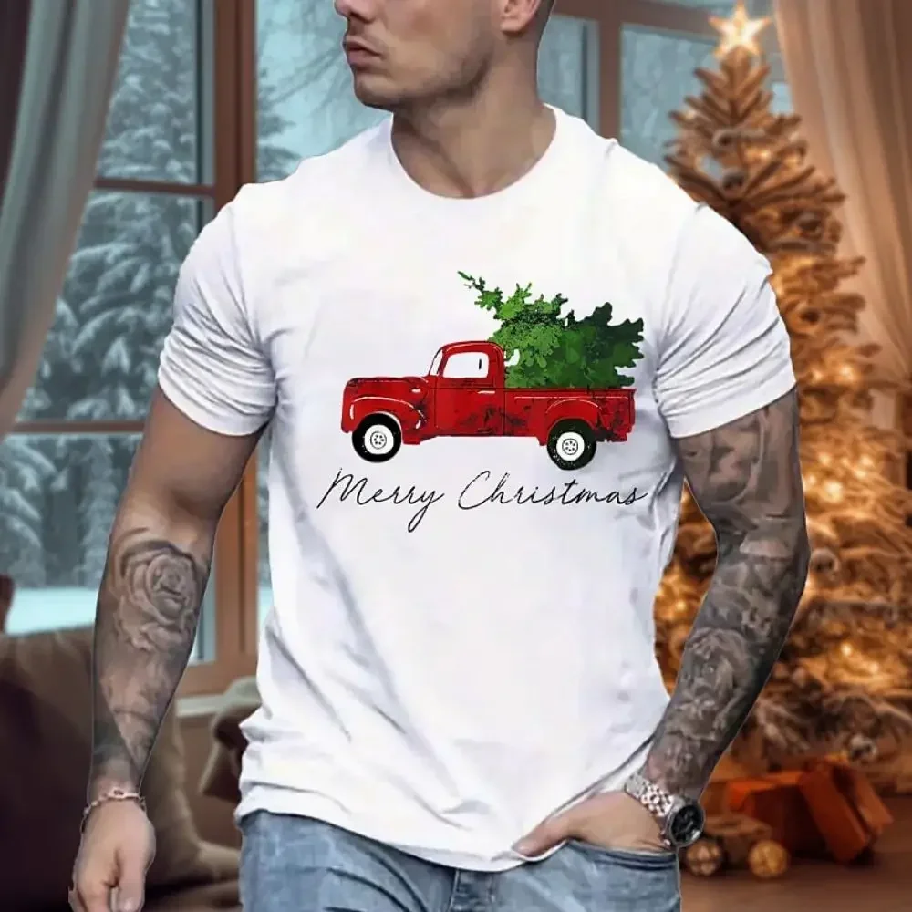 Men's T Shirt Cartoon Christmas Elk Printed Casual O-neck Short Sleeve Tops New Year Party X'mas Clothing Fashion Loose Men Tees