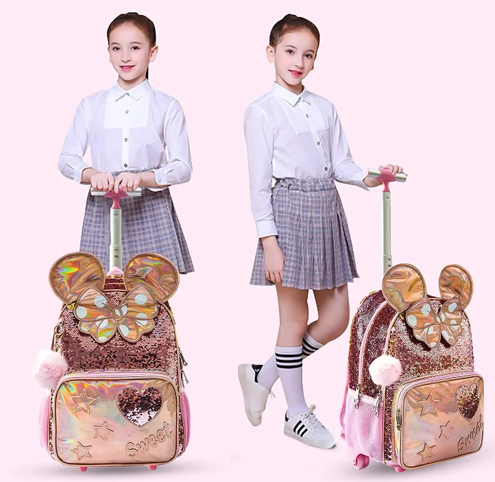 Kinder Reisetaschen 3PCS Mittagessen Tasche Stift Tasche Set Panda Schule Kinder Rollende Rucksack für Mädchen Mit Räder Trolley rädern Rucksäcke