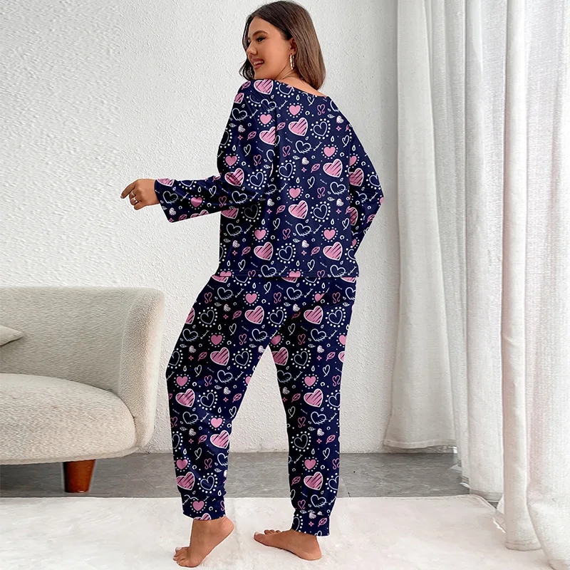 Conjunto de pijama de mangas compridas para mulheres, estampa de coração, uso doméstico solto, pode ser vestido fora, 5XL plus size, outono e inverno