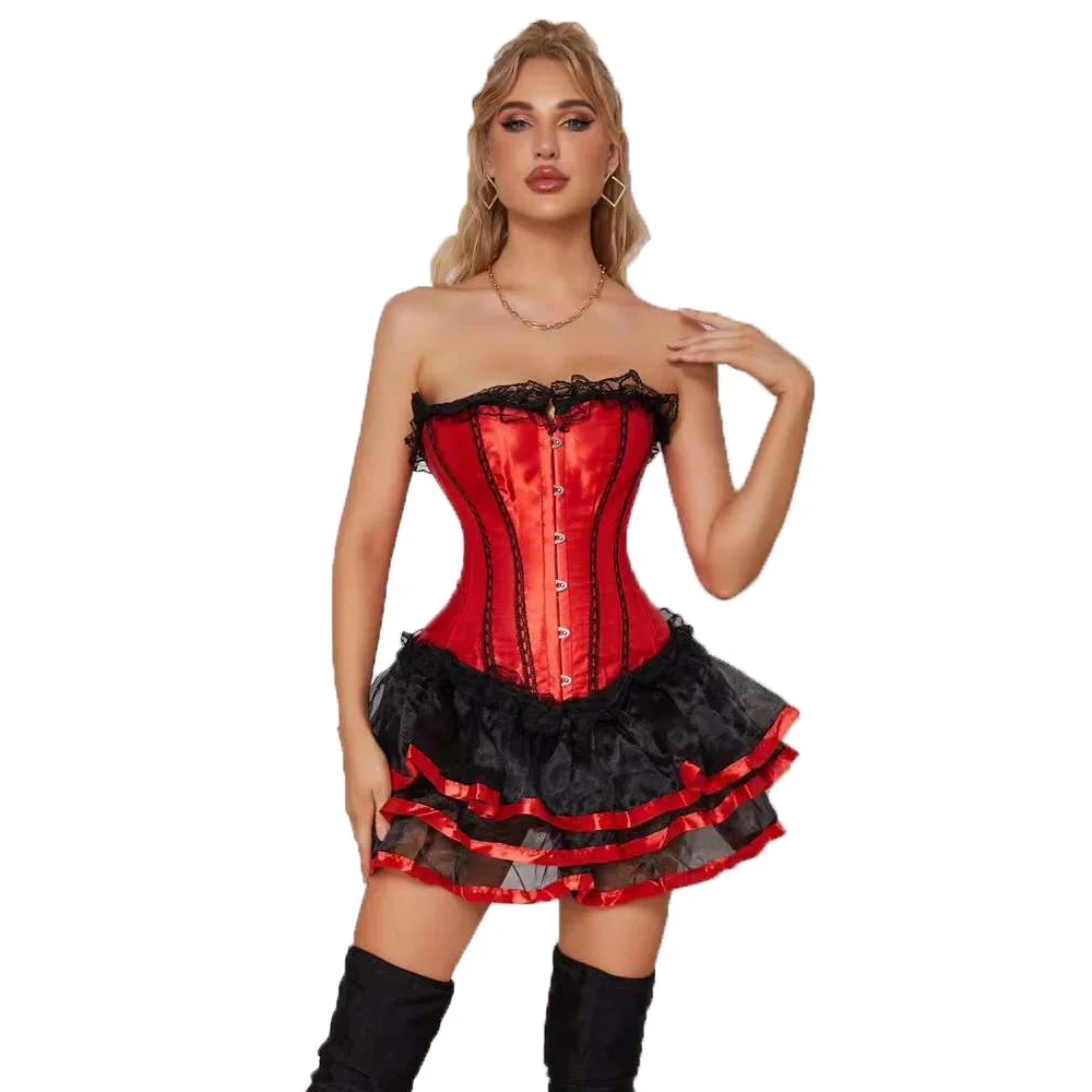 

Women Red Corset Dress Set Overbust Bustier Top with Layer Mini Skirt Xmas Korset Costumes