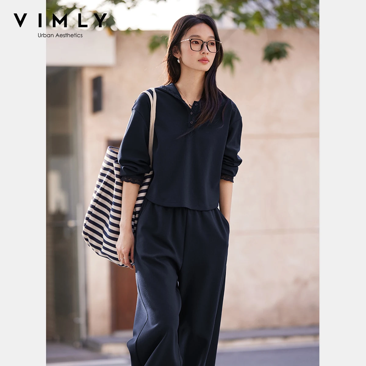 VIMLY Women's Autumn 2025 Pant Suits Sporty Lace Hooded Long Sleeve Tops Wide Legs Pants Casual Two-piece Trousers Sets A0675