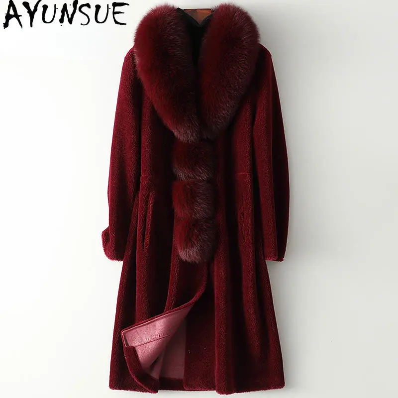 

AYUNSUE High Quality Sheep Shearing Jacket Women Fur Coat 100% Wool Jackets Fox Fur Collar Long Coat Outwears Jaqueta Feminina