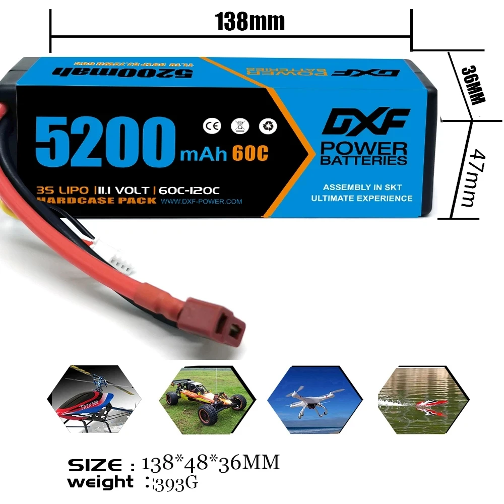 2PCS DXF battery 3S Lipo 11.1V 11.4V 5200mah 6200mah 7200mah 8000mah 9200mah 6750mah 80C 100C 130C with EC5 XT90 T for RC Car