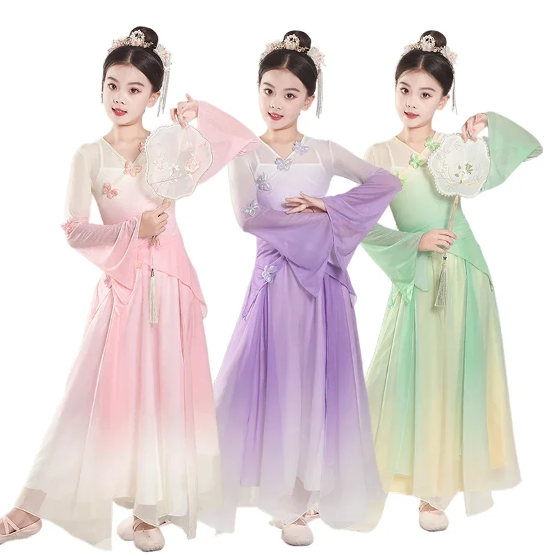 Children' Chinese Hanfu Classical Dance Dress Body Rhyme Practice Dress Girls' Ethnic Dance Fan Dance Gradient Performance Dress