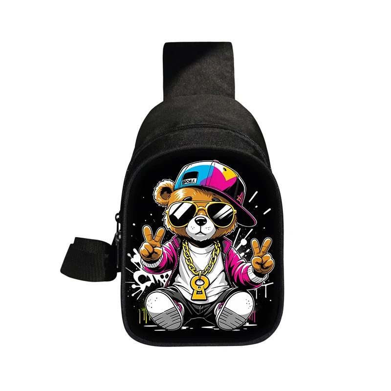 Fashion Cartoon Bear Doll Print Chest Bag Women Men Crossbody Bags Hip Hop ‌‌Streetwear Travel Shoulder Bags Wallet Phone Holder