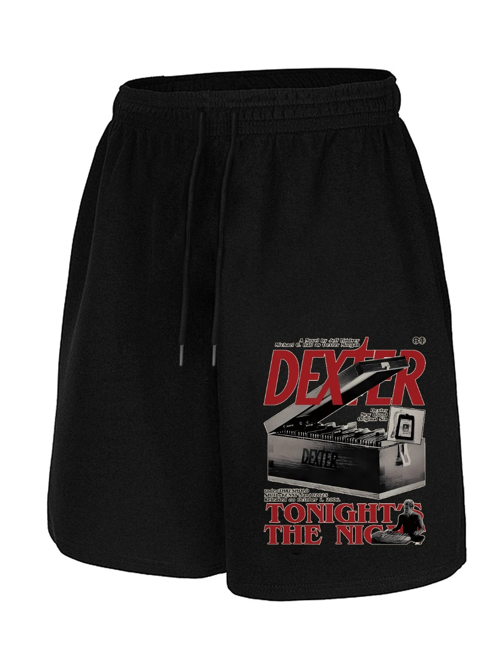 Shorts casuais pretos masculinos com padrão de manchas de sangue e estampa "Tonight is Night", estilo casual esportivo e confortável.