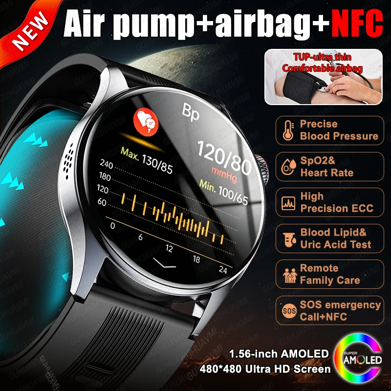 

2026 New Health Care Accurate Measure Blood pressure Smart Watch With Air pump airbag Blood lipids Uric acid NFC Smartwatch Men