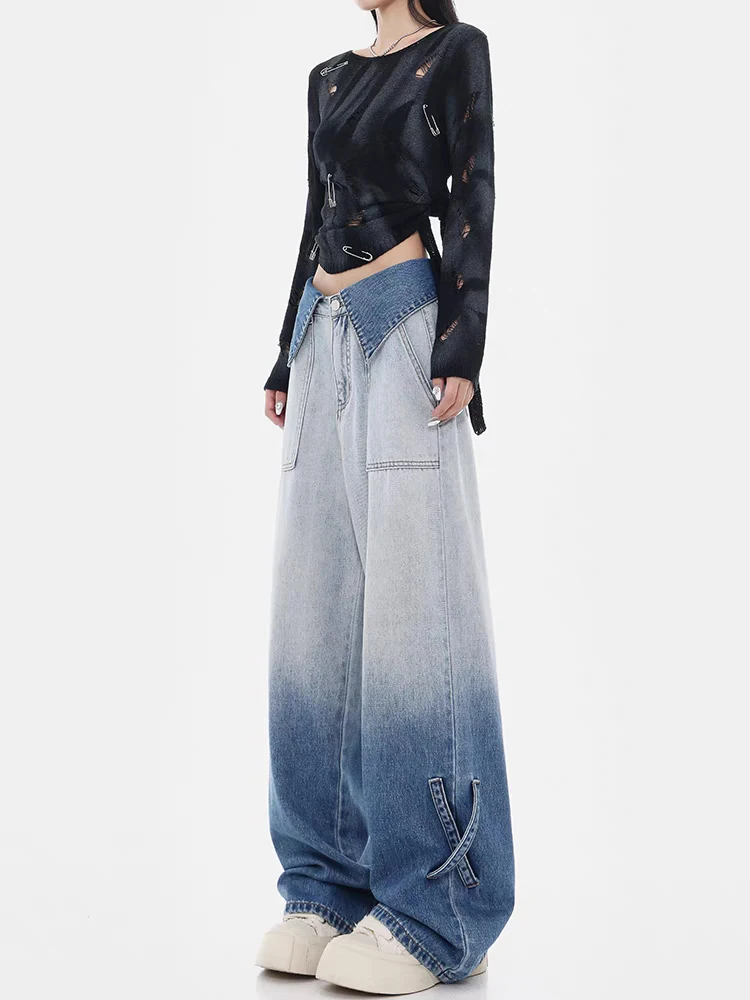 Gradient Blue Washed Baggy Jeans Women Y2k Vintage Casual Wide Leg Pants Korean Streetwear Straight Trousers Chic Design Sense