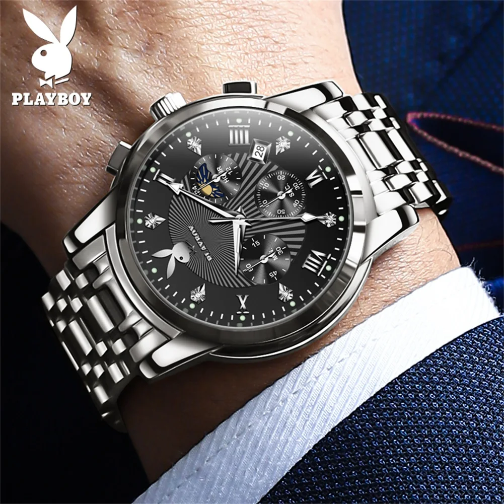 PLAYBOY Top Brand Casual Men Watch Original Stainless Steel Waterproof Quartz Watches for Men High Quality Trend Wrist Watch Men