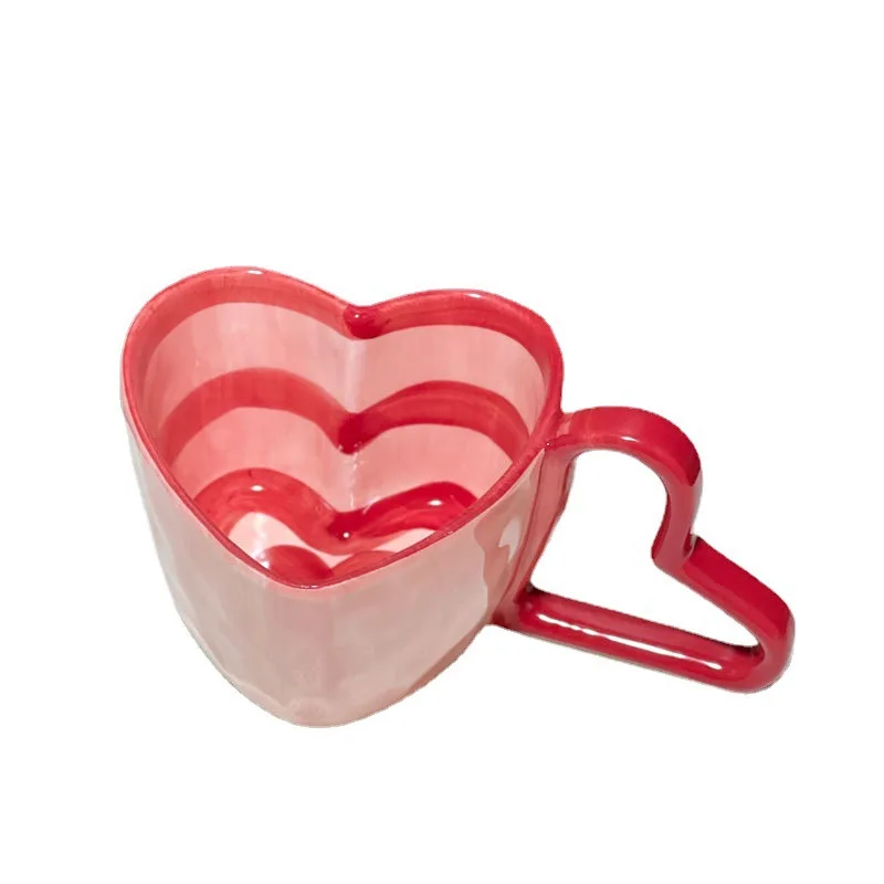 350ml 12oz Heart Handle Hand-painted Stripes Heart Cow Pattern Ceramic Coffee Cup Hand Pinched Heart Shape Mug 1 Piece