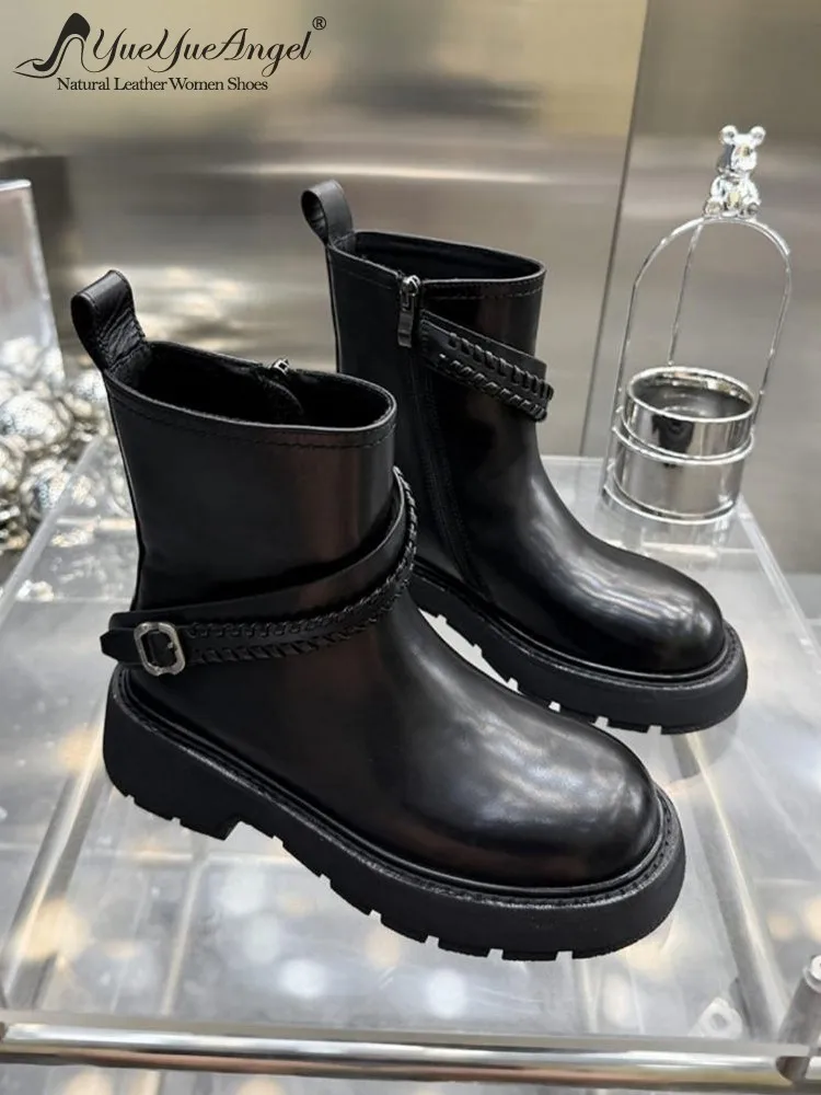 

Дизайнерские женские удобные ботильоны на толстой платформе с пряжкой, женская обувь на среднем каблуке из коровьей кожи с круглым носком в стиле ретро