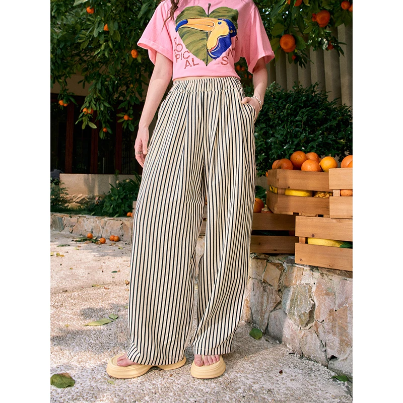 ELFSACK Women's Vertical Striped Wide Leg Pants with Elastic Waist, Casual Loose Zebra Trousers for Summer, Vintage Street Top