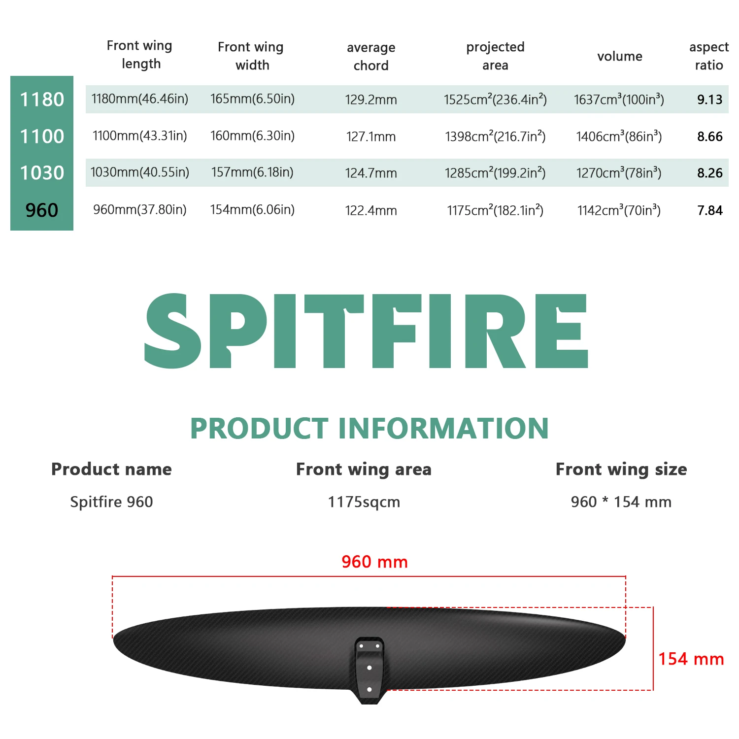 2026 New Arrival Carbon Hydrofoil Front Wing 960 Spitfire Surf Foil High Speed Carving Wing for Surfing Wake Foil Wingfoil