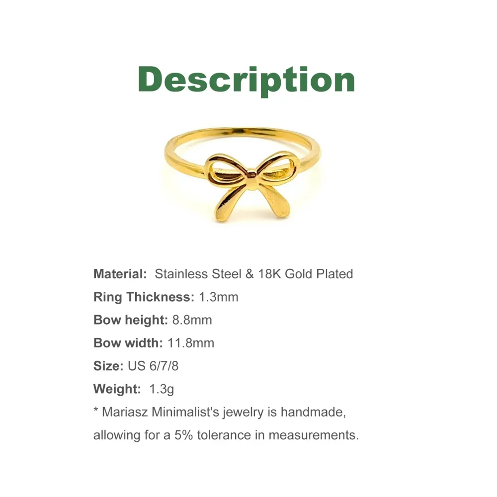 Bow PVD Plated Gold Color Simple Stainless Steel Small Cute Bowknot Rings for Women Design Statement Plain Band Stacking Jewelry