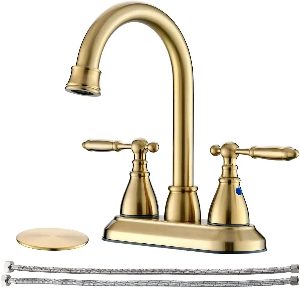 

Brushed Gold Bathroom Sink Faucet with Pop-up Drain, 2-Handle Centerset, 360° Swivel Spout