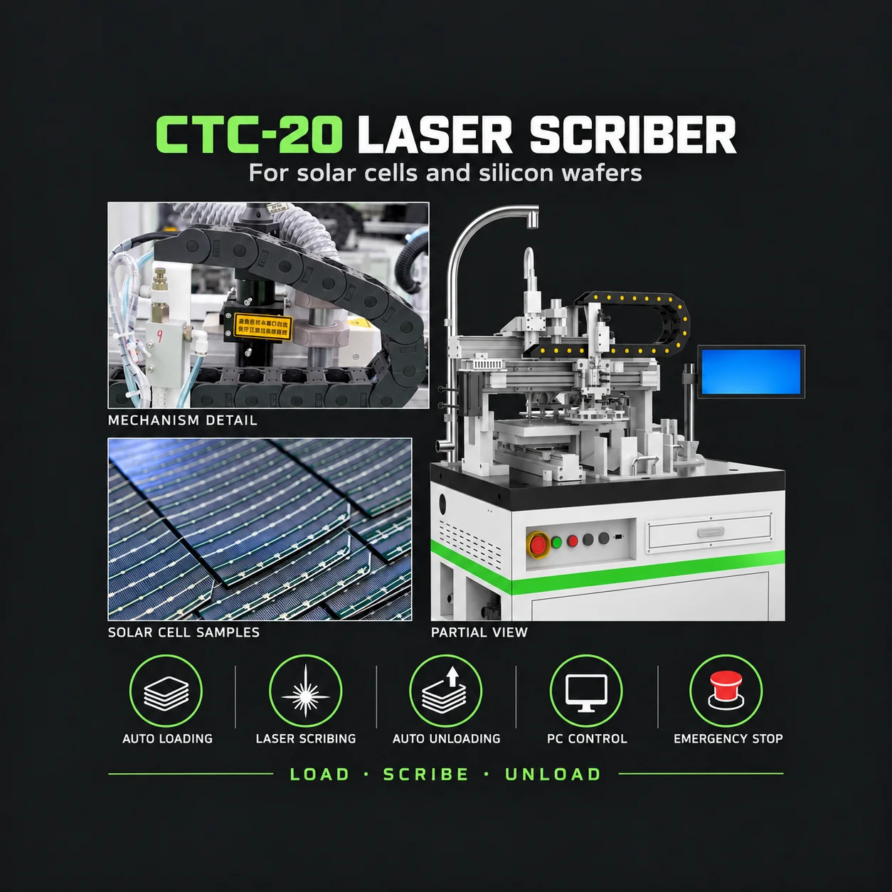 Computer Controlled CTC-20 Solar Cell Laser Scriber with Automatic Loading and Unloading System and Emergency Stop for Cell Work
