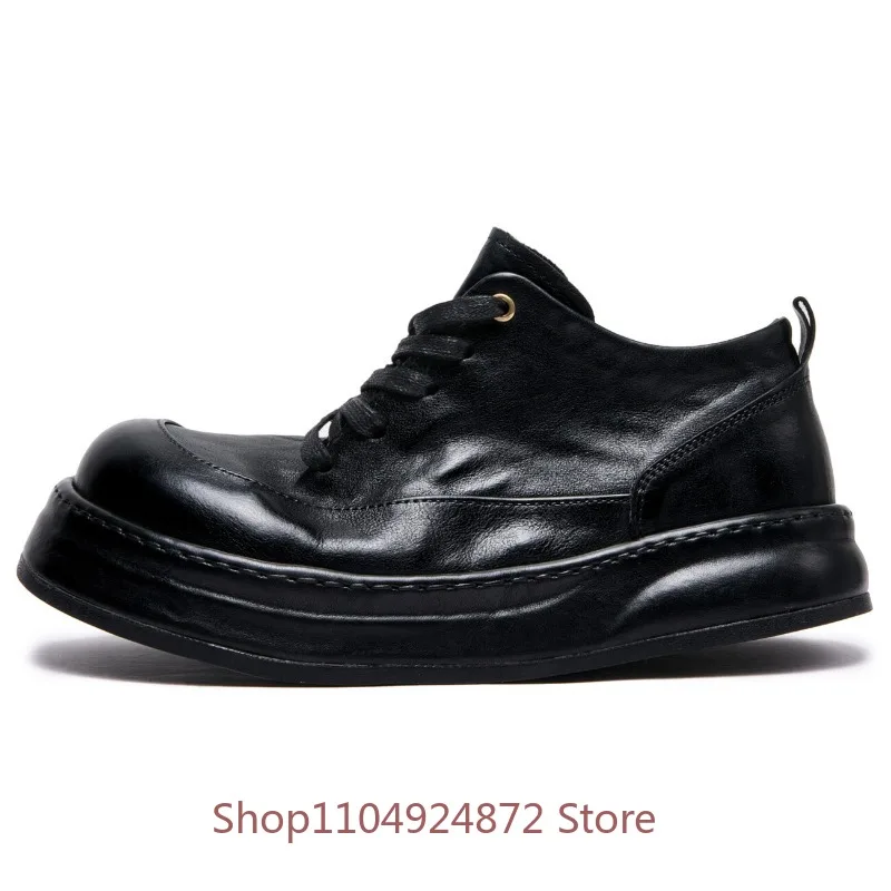 Handmade Genuine Leather Thick Platform Derby Shoes Men's Oxfords Outdoor Casual Work Leather Shoes Male Autumn Winter