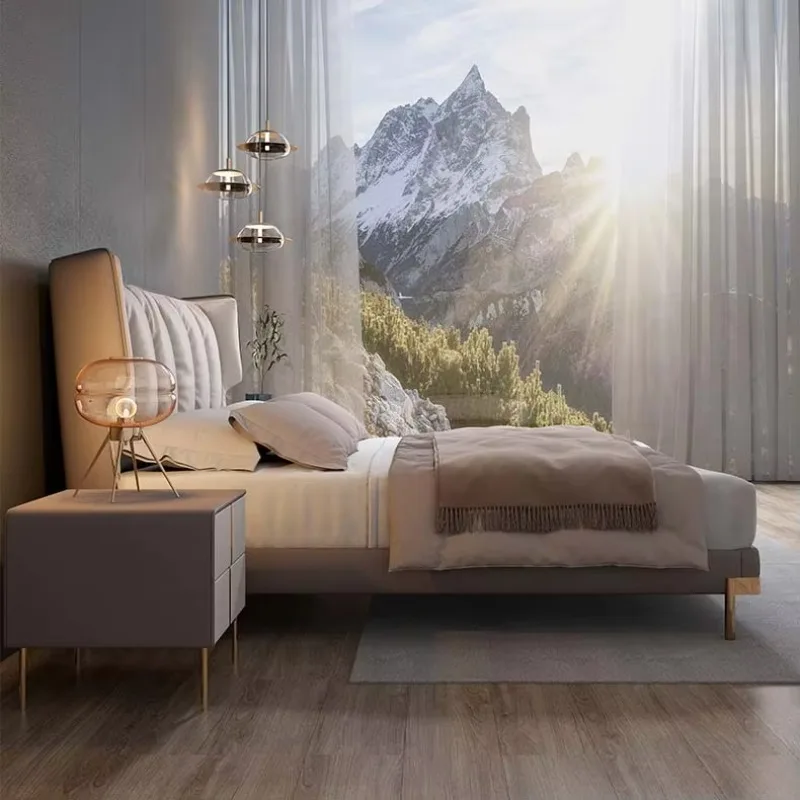 

Italian Style King Size Leather Bed Modern Luxury Double Wood Bedroom Bed Hotel Queen Size Furniture Bedframe