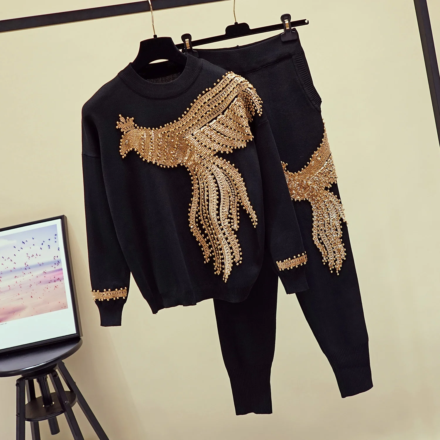 Fashion Beaded Sequins Phoenix Women's Knitted Tracksuit Outfits Loose Long Sleeve Knit Tops Pencil Pants Female Casual 2pc Sets