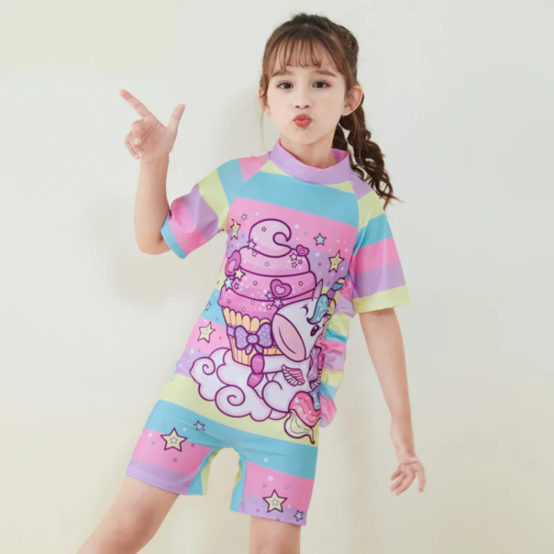 Cartoon Cute Kids Swimsuit One-piece Girl with Little Kids Short Sleeve Shorts Swimsuit Baby Girl