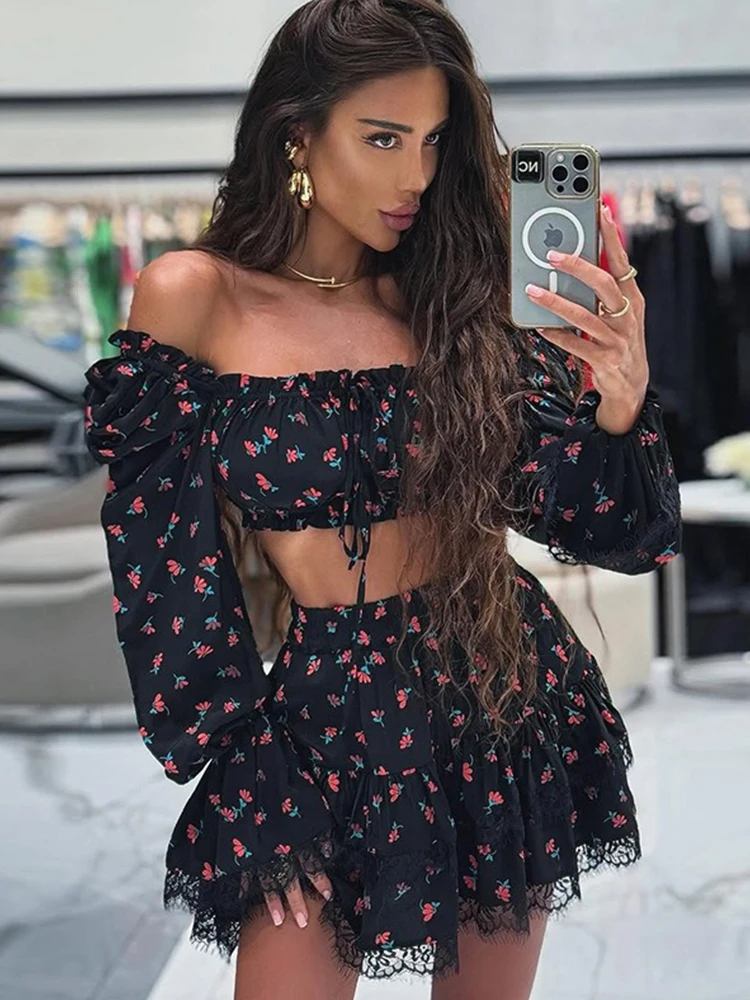 

Elegant Two Piece Skirt Sets Beach Off Shoulder Crop Top Summer Suit for Women Skirt and Top Set Sexy Wholesale Dropshipping
