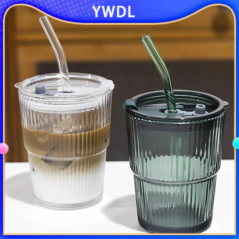 

1/2pcs 400ml Stripe Glass Cup Clear Glasses With Lid And Straw Ice Coffee Mug Portable Tea Cup Juice Glass Milk Car Water Cup