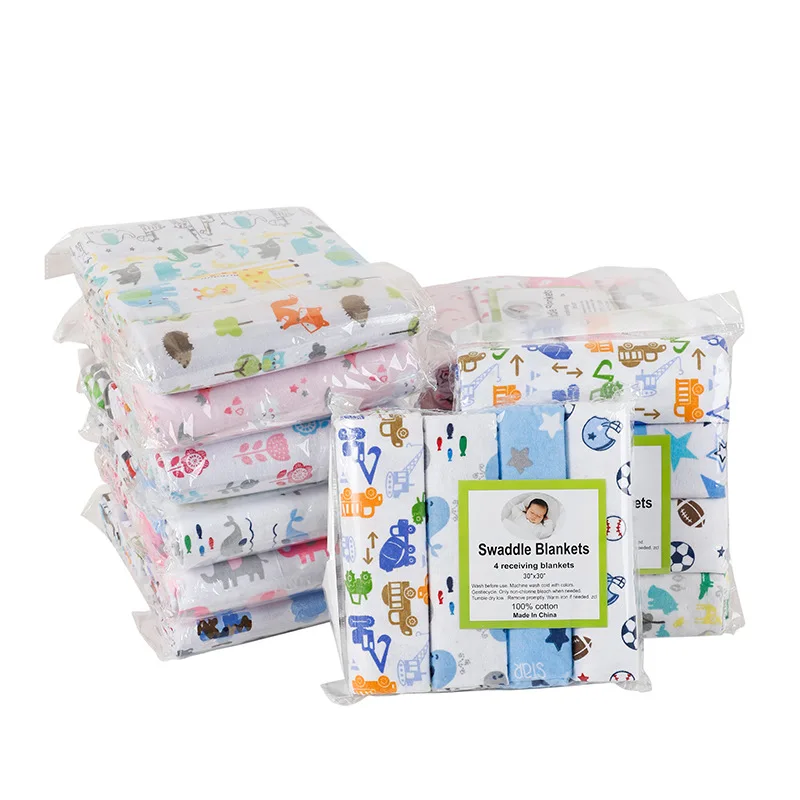 

4pcs/pack 100% Cotton Flannel Diapers Supersoft Receiving Baby Blanket Newborn Wrap 76x76cm Baby Bedsheet Print Blanket Swaddle